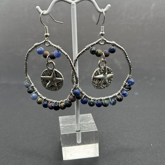 Silver Star Fish Hoop Earrings Handmade Wire Wrapped with Lapis Lazuli Beads - Picture 3 of 4